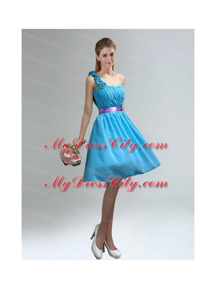 Unique One Shoulder Ruches Teal Bridesmaid Dresses with Belt