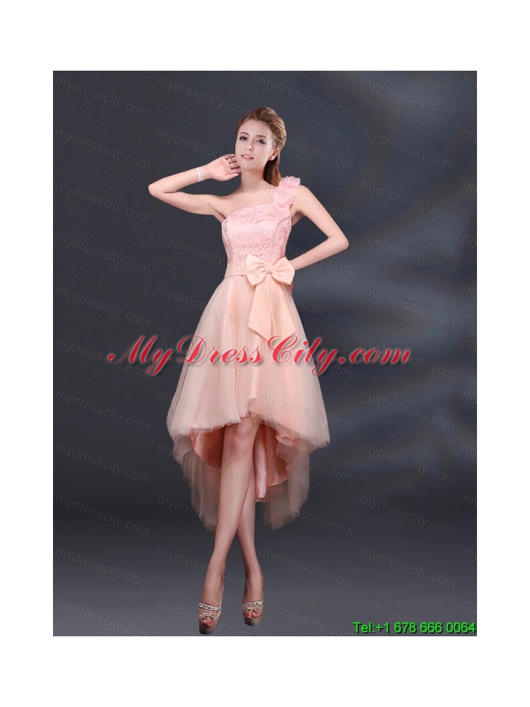 2015 Bowknot High Low Lace Up Prom Dress with One Shoulder