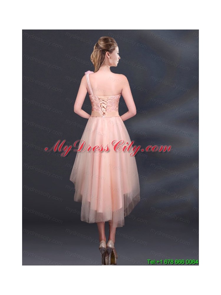 2015 Bowknot High Low Lace Up Prom Dress with One Shoulder