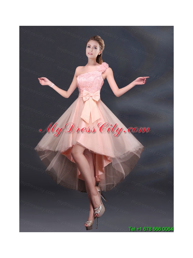 2015 Bowknot High Low Lace Up Prom Dress with One Shoulder