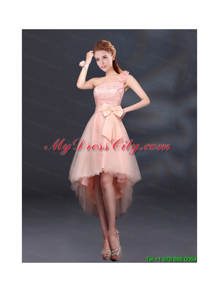 2015 Bowknot High Low Lace Up Prom Dress with One Shoulder