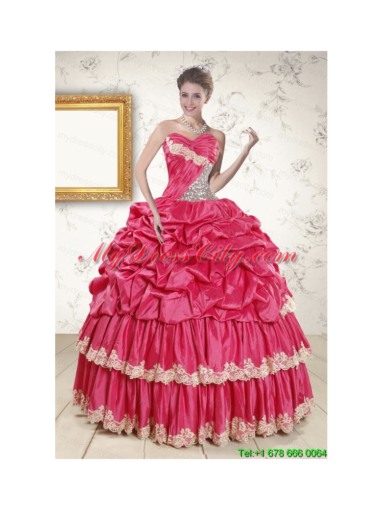 2015 Cheap Appliques Sweet 15 Dresses in Coral Red