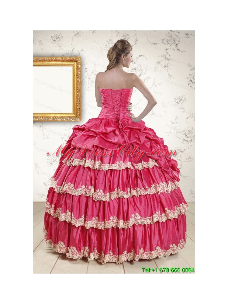 2015 Cheap Appliques Sweet 15 Dresses in Coral Red