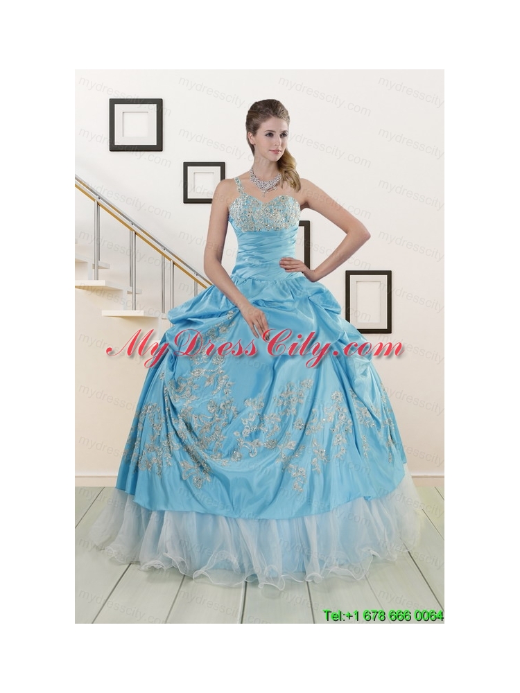 2015 Pretty One Shoulder Appliques and Beaded Quinceanera Dresses in Aqua Blue