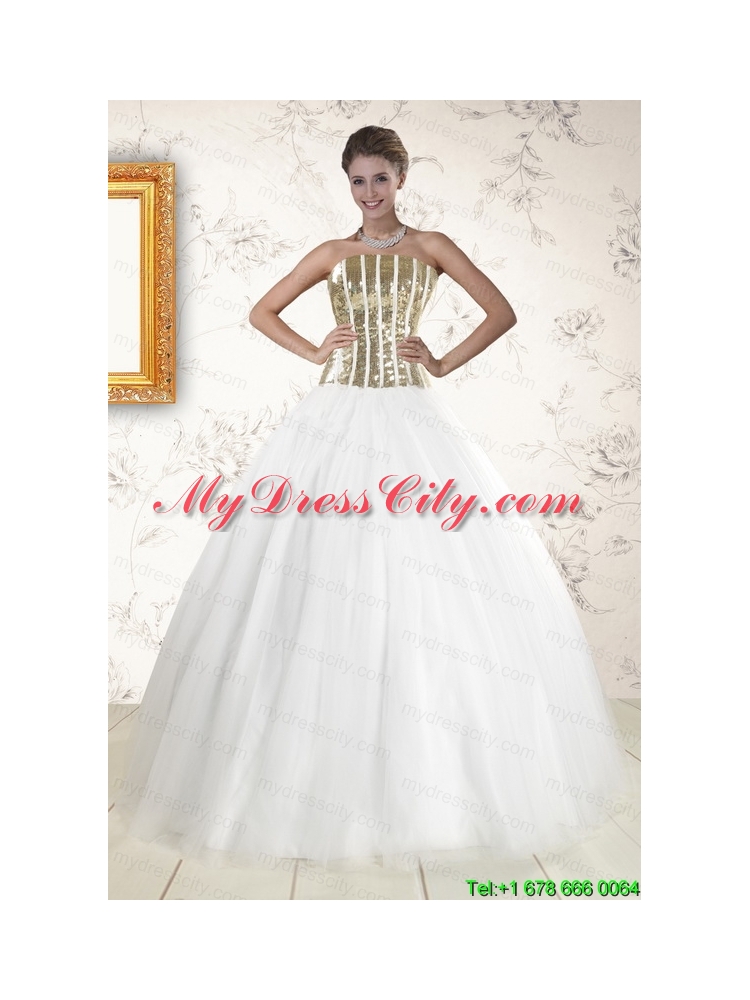 2015 The Super Hot Tulle Strapless Sequins White Quinceanera Dresses