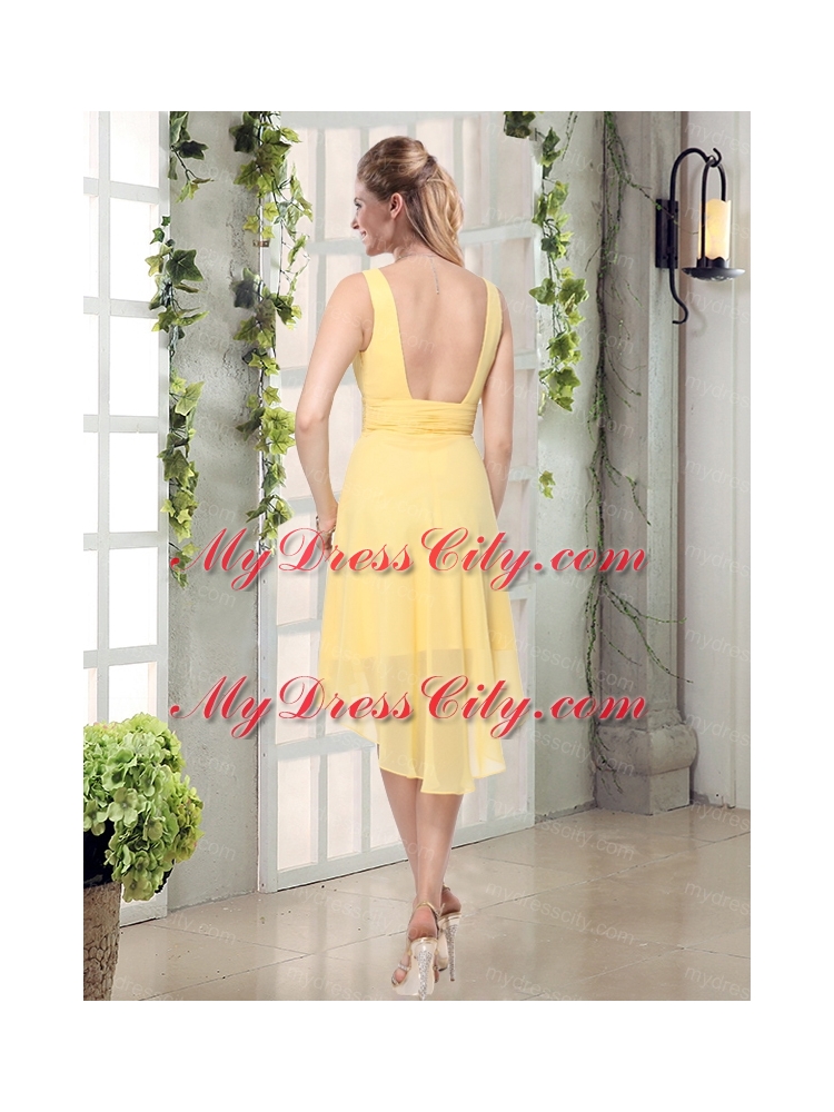 Charming V Neck Yellow Bridesmaid Dress Mini Length for Spring