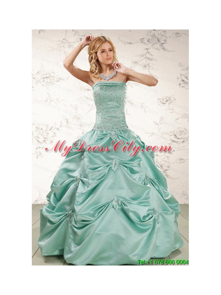 Cheap Turquoise Quinceanera Dresses with Appliques and Pick Ups