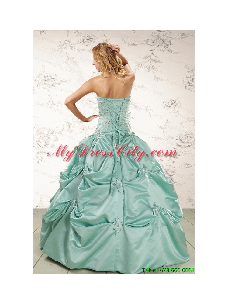 Cheap Turquoise Quinceanera Dresses with Appliques and Pick Ups