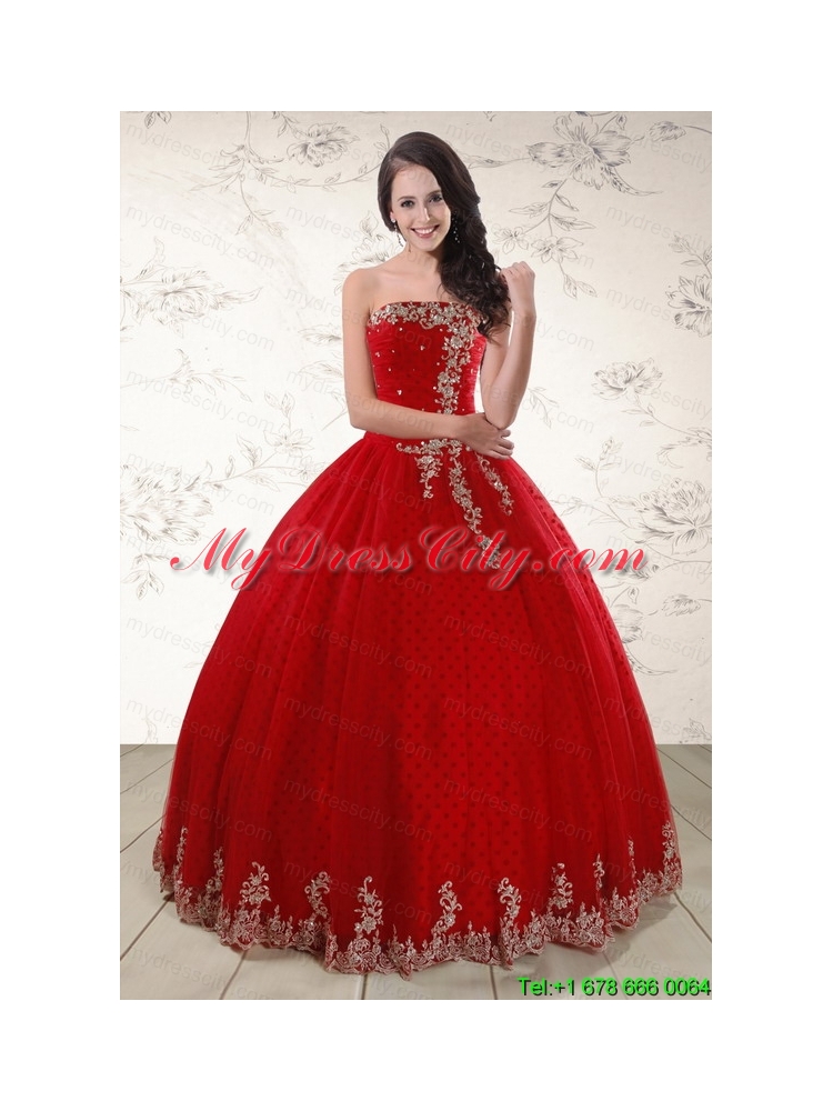 Elegant Red Strapless 2015 Quinceanera Dresses with Appliques