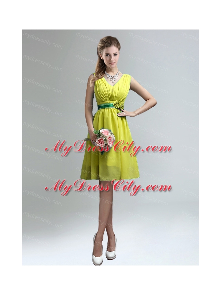 Elegant V Neck Ruching Bridesmaid Dress with Belt for Sale