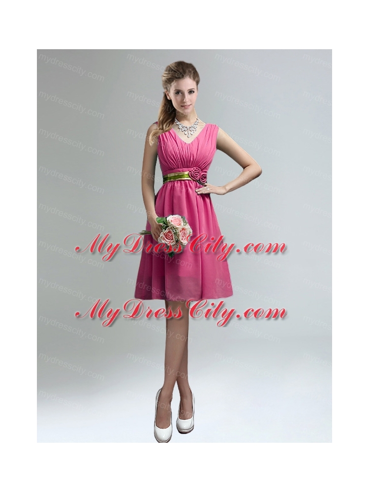 Elegant V Neck Ruching Bridesmaid Dress with Belt for Sale