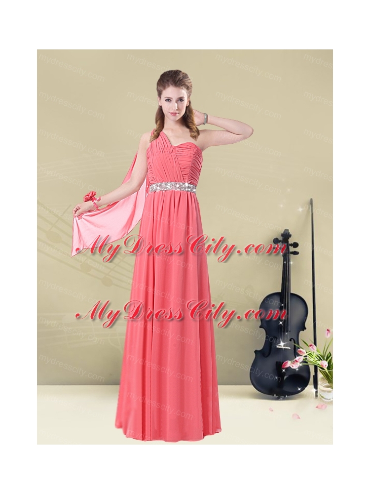 Exquisite Watermelon Bridesmaid Dresses with Ruch and Beading