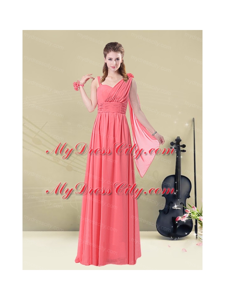 Exquisite Watermelon Bridesmaid Dresses with Ruch and Beading