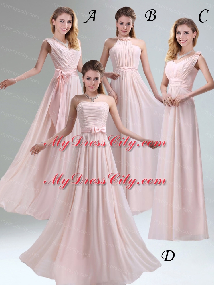 Fashionable Belt Ruching Chiffon Bridesmaid Dress with Bowknot