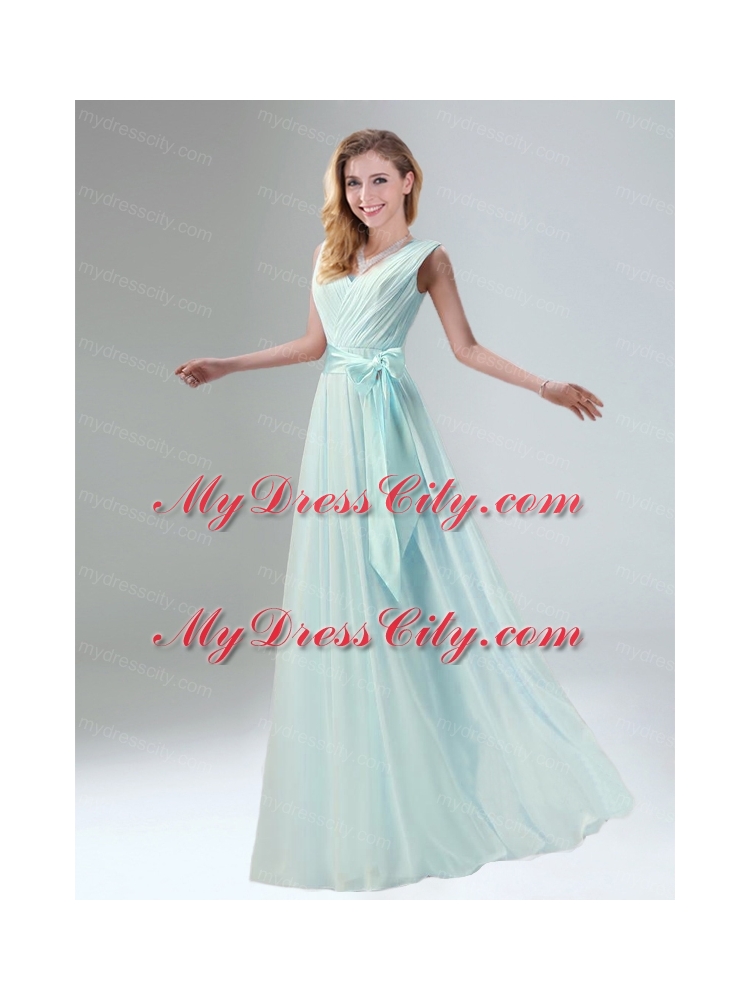 Fashionable Belt Ruching Chiffon Bridesmaid Dress with Bowknot