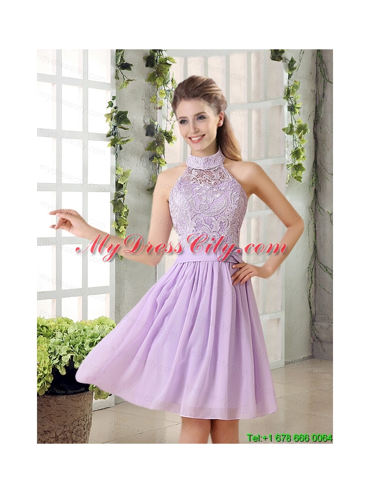 High Neck Lilac A Line Lace Prom Dress Chiffon for 2015