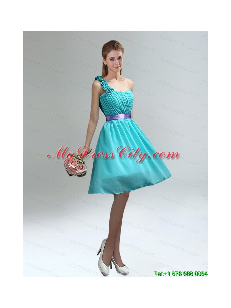 Unique One Shoulder Ruches Teal Prom Dresses with Belt