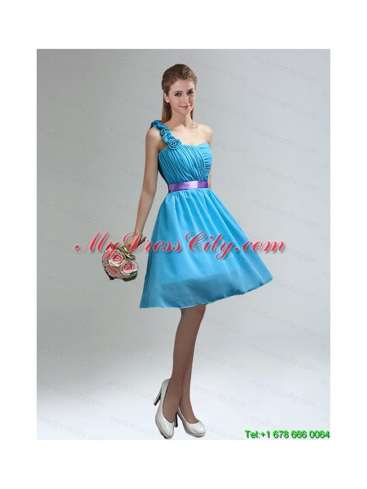 Unique One Shoulder Ruches Teal Prom Dresses with Belt