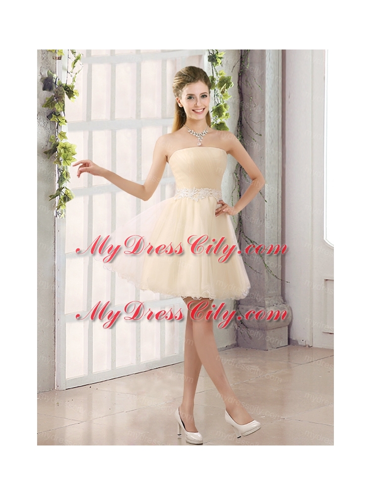 2015 Appliques Strapless A Line Mini Length Bridesmaid Dress