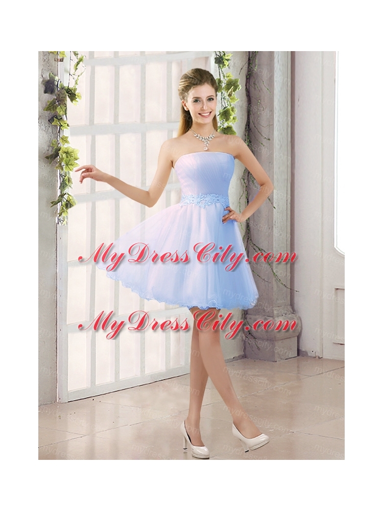 2015 Appliques Strapless A Line Mini Length Bridesmaid Dress