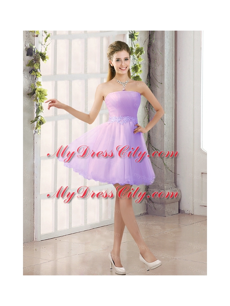 2015 Appliques Strapless A Line Mini Length Bridesmaid Dress