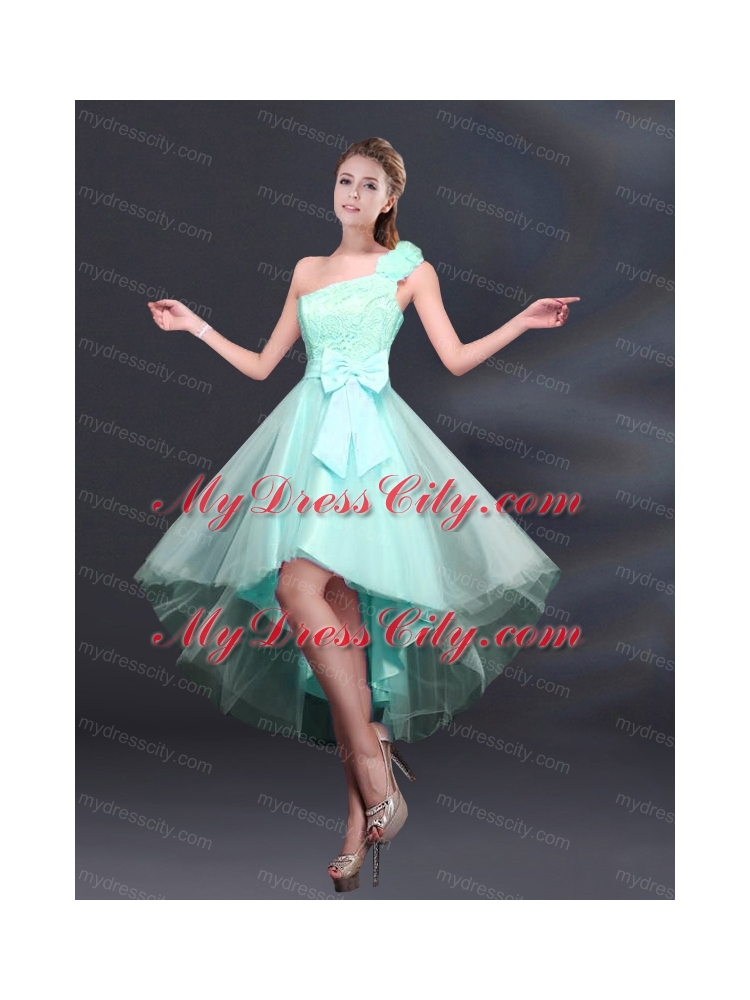 2015 Bowknot High Low Lace Up Bridesmaid Dress with One Shoulder