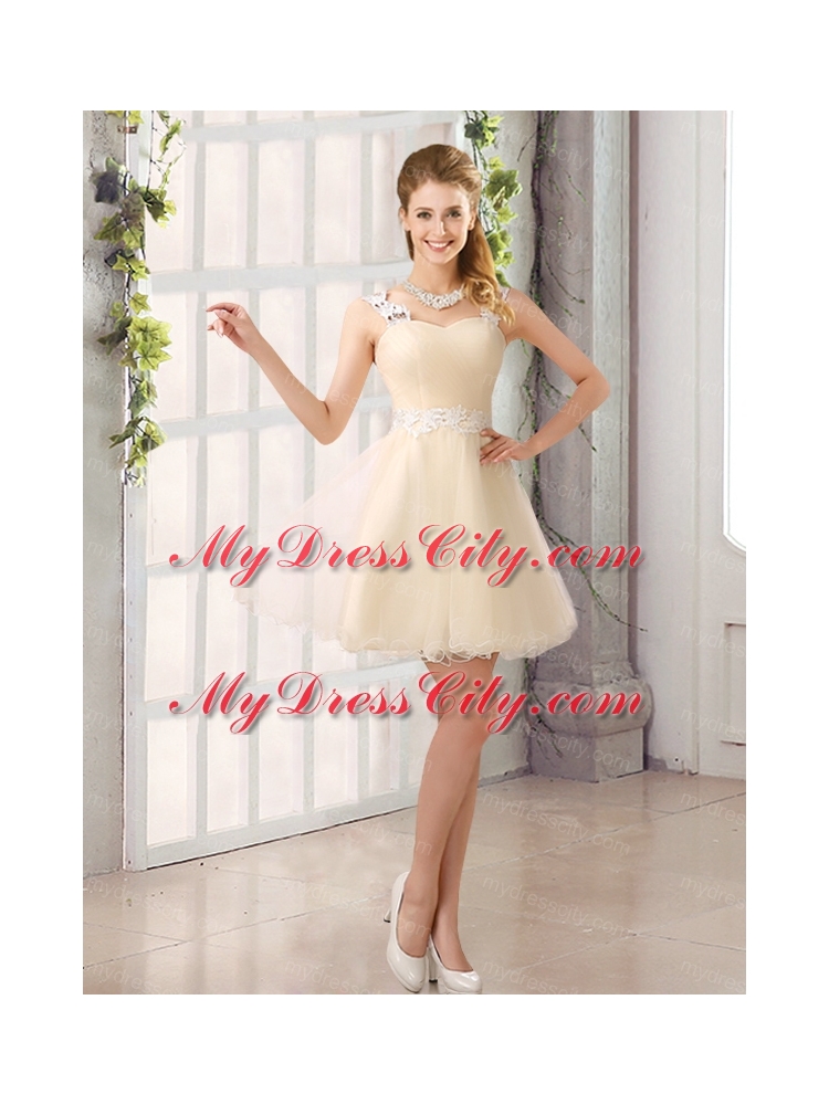 2015 Decent Straps Appliques Bridesmaid Dress with Mini Length