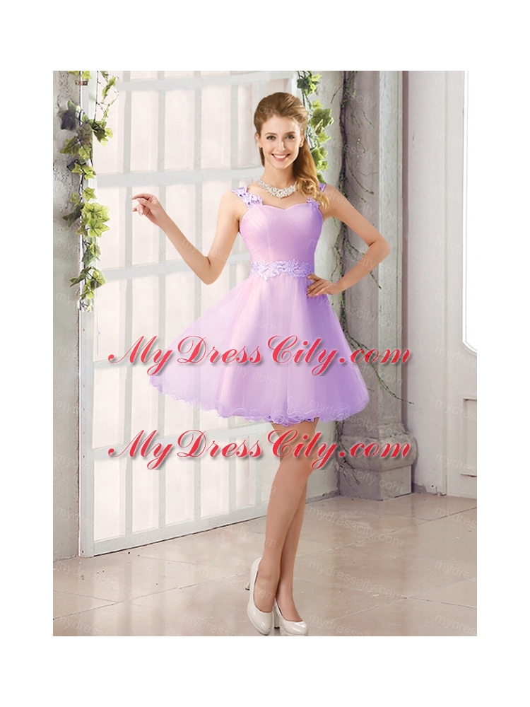 2015 Decent Straps Appliques Bridesmaid Dress with Mini Length