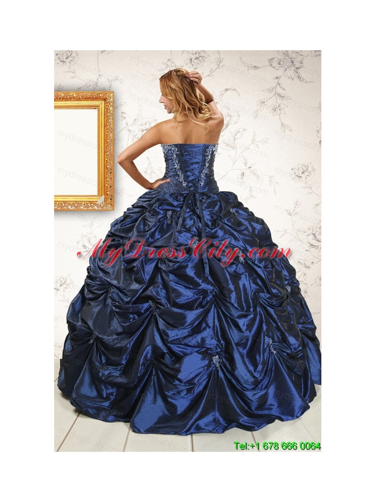 2015 Exclusive Appliques Navy Blue Quinceanera Dresses with Pick Ups