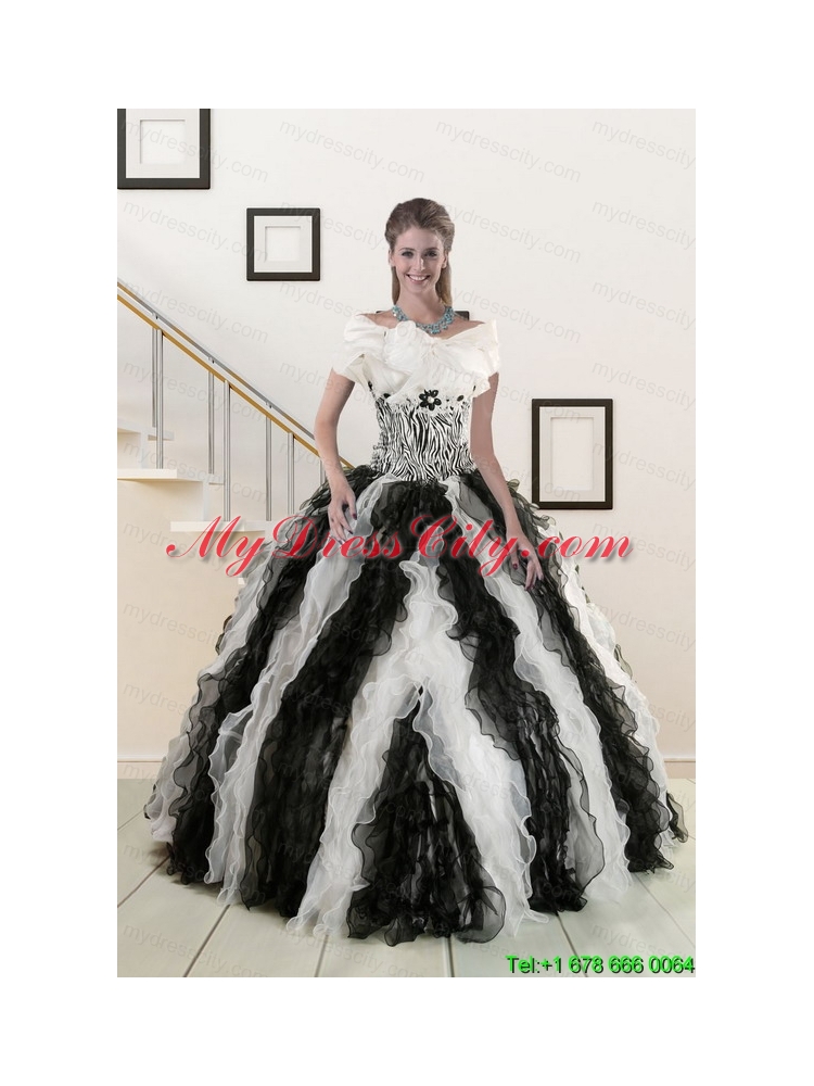 2015 Exclusive Black and White Quinceanera Dresses with Zebra and Ruffles