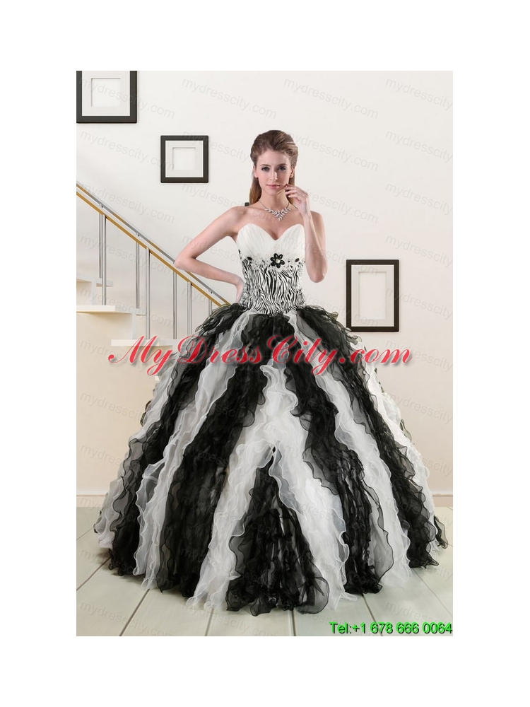 2015 Exclusive Black and White Quinceanera Dresses with Zebra and Ruffles