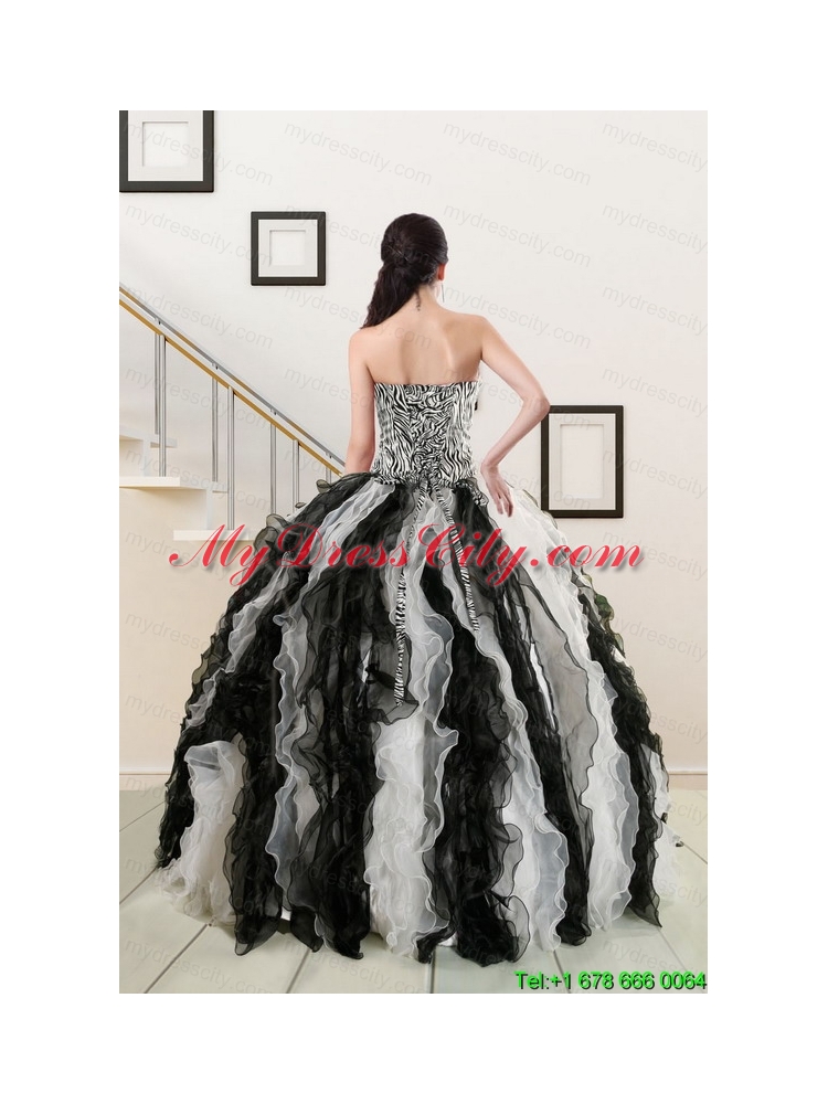 2015 Exclusive Black and White Quinceanera Dresses with Zebra and Ruffles