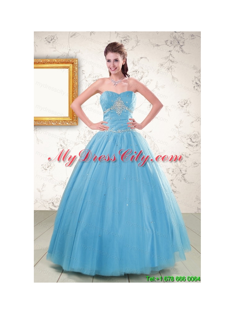 2015 New Style Strapless Beaded Quinceanera Dresses in Aqua Blue