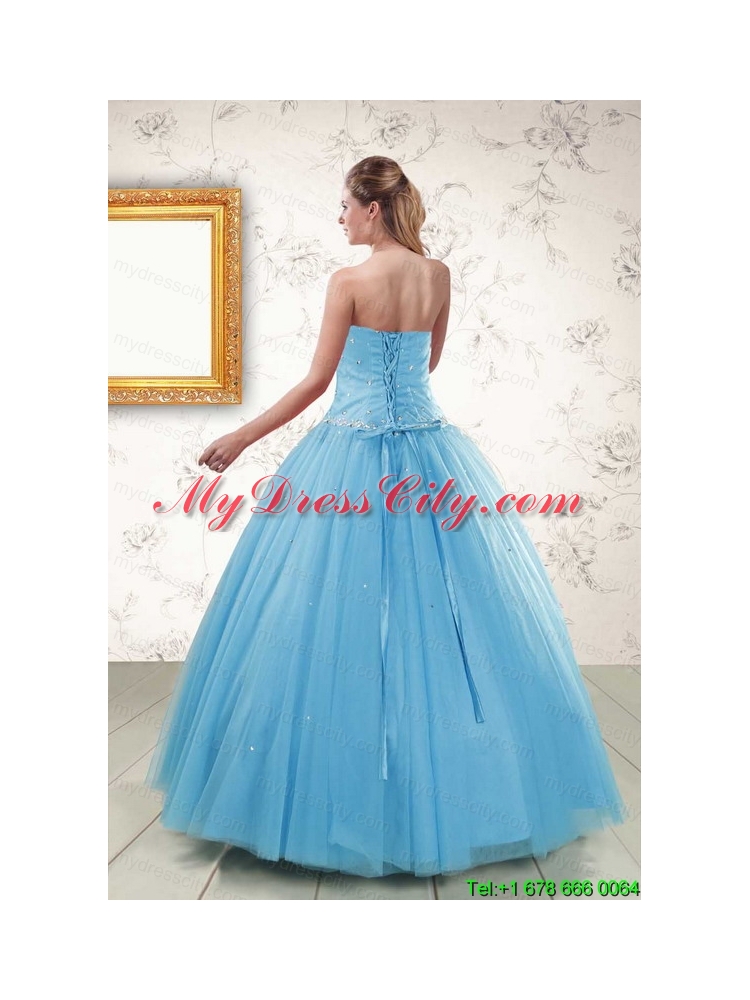 2015 New Style Strapless Beaded Quinceanera Dresses in Aqua Blue