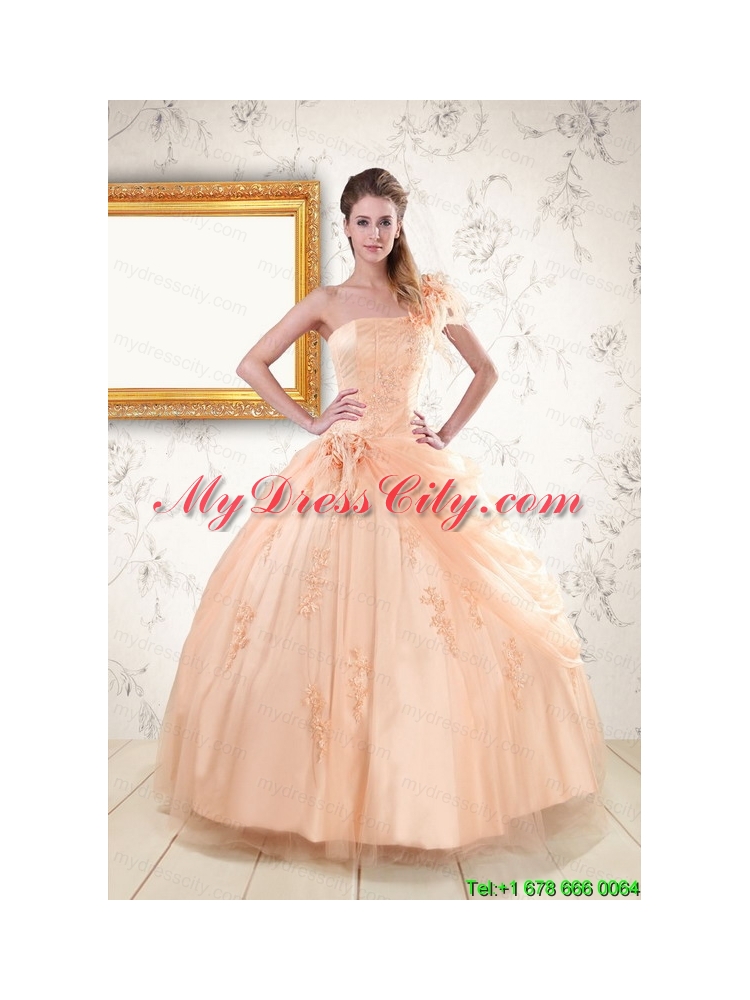 2015 Pretty One Shoulder Appliques Quinceanera Dress in Peach