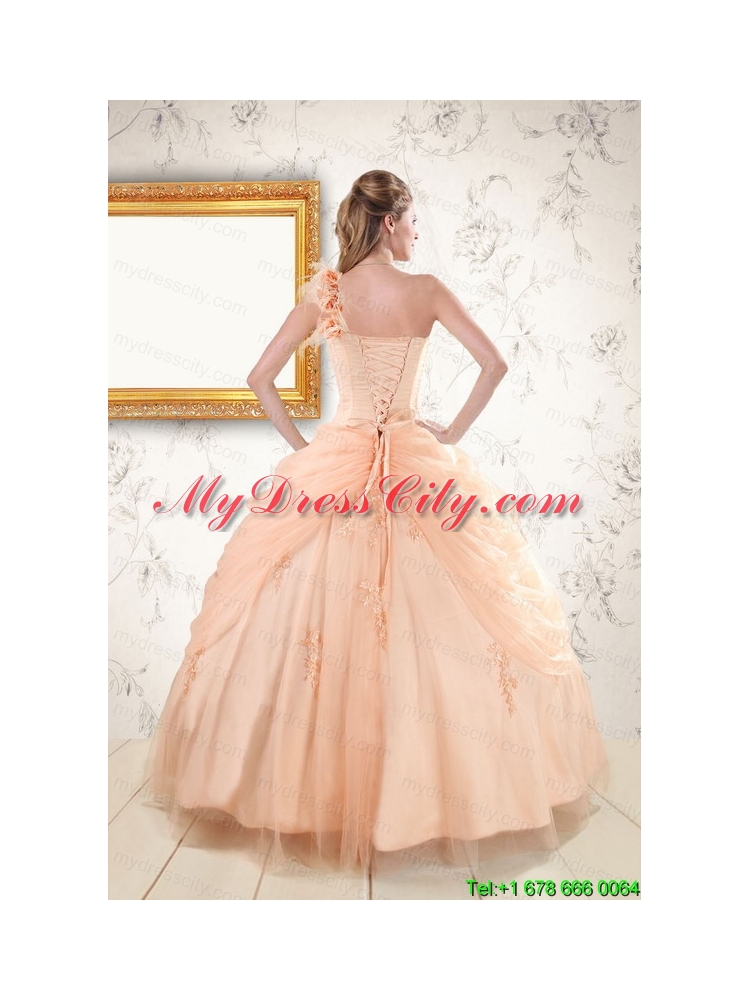 2015 Pretty One Shoulder Appliques Quinceanera Dress in Peach