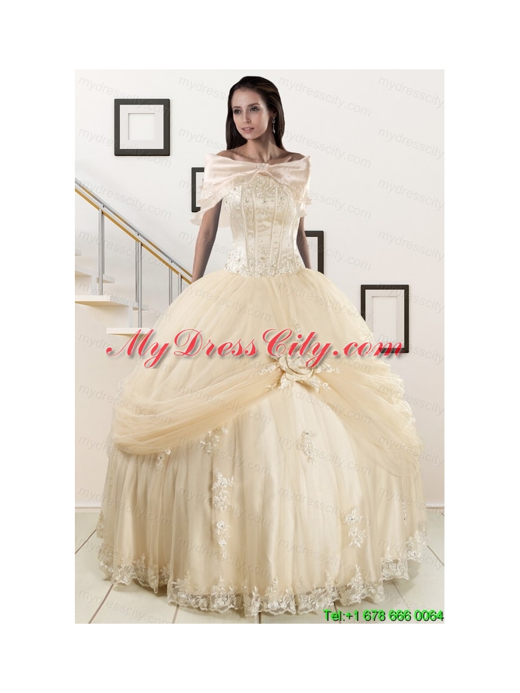 Elegant Appliques 2015 Champagne Quinceanera Dress with Wraps