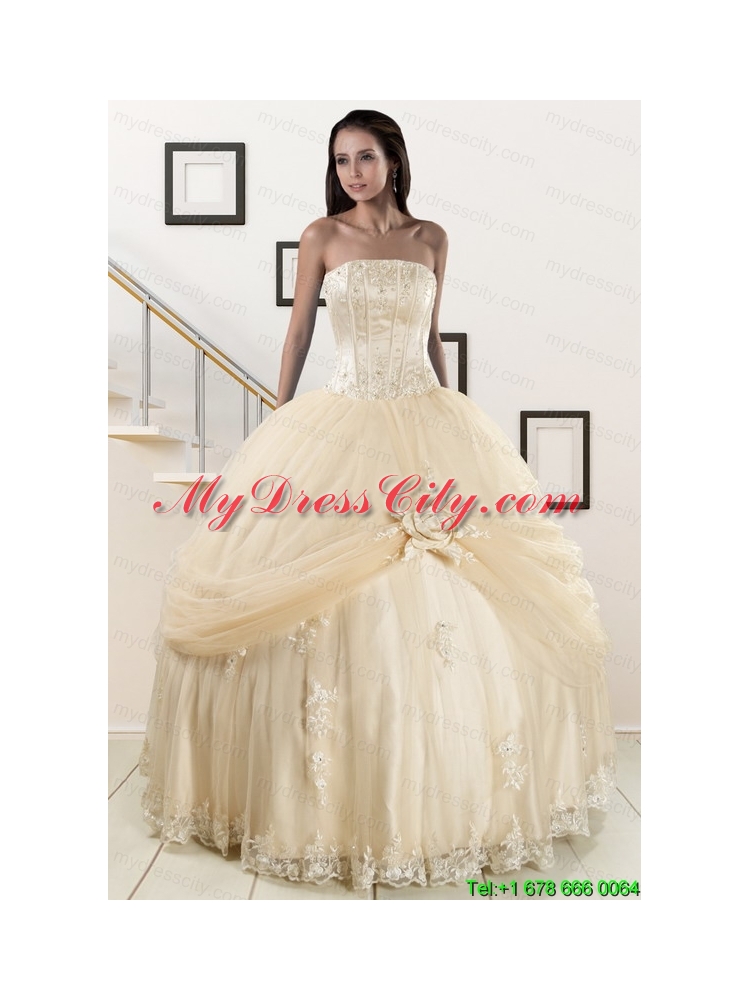 Elegant Appliques 2015 Champagne Quinceanera Dress with Wraps