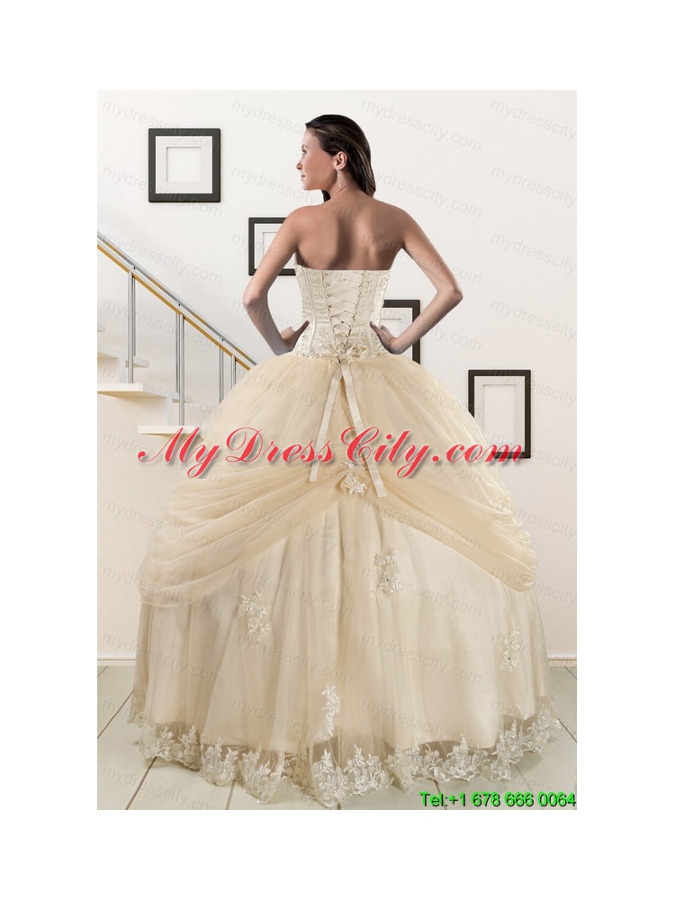 Elegant Appliques 2015 Champagne Quinceanera Dress with Wraps