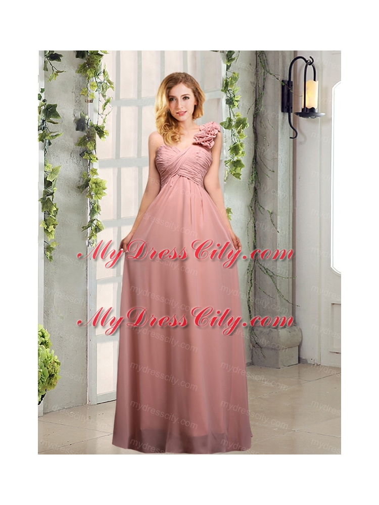 Empire Ruching One Shoulder Bridesmaid Dresses with Hand Made Flowers