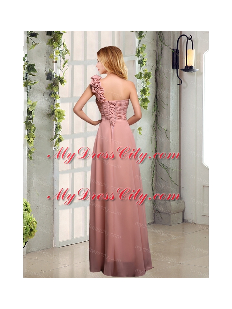 Empire Ruching One Shoulder Bridesmaid Dresses with Hand Made Flowers