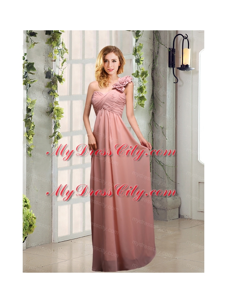 Empire Ruching One Shoulder Bridesmaid Dresses with Hand Made Flowers