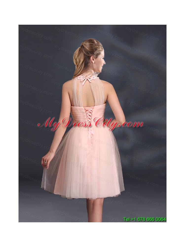 Halter Hand Made Flowers Prom Dresses with Mini Length