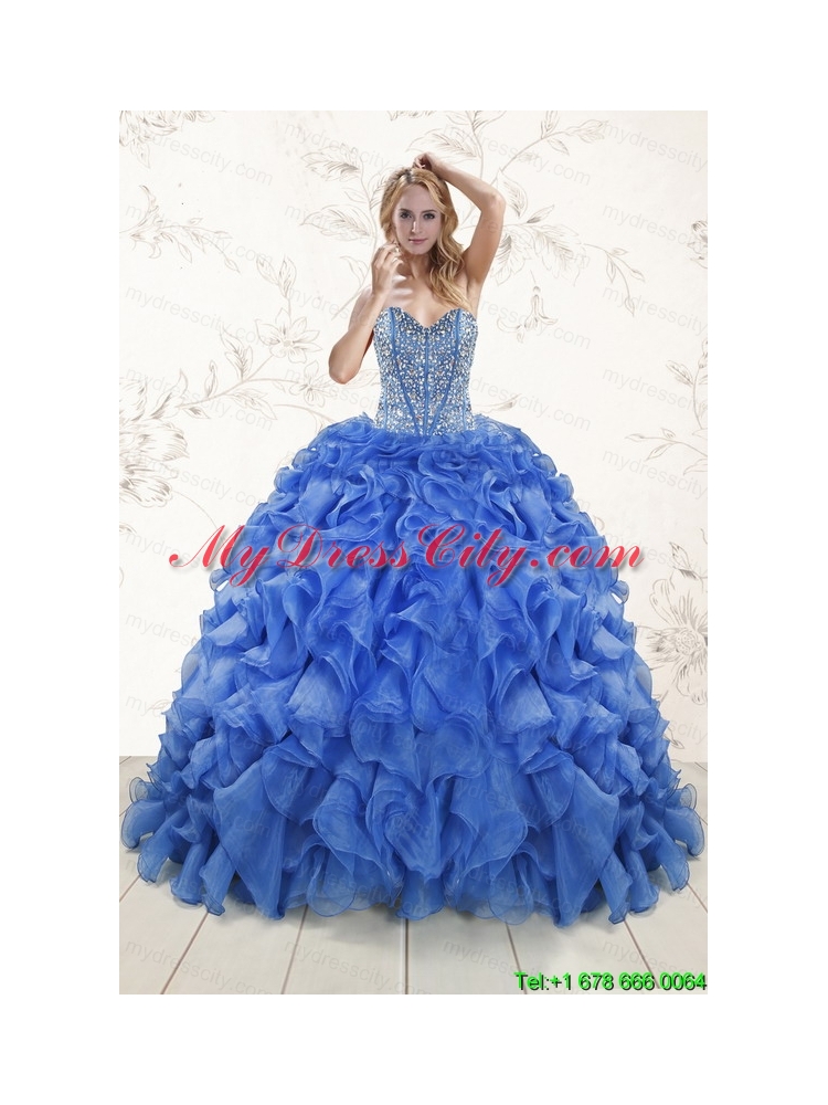 Hot Sale Beaded Royal Blue Sweet 15 Dresses with Sweep Train