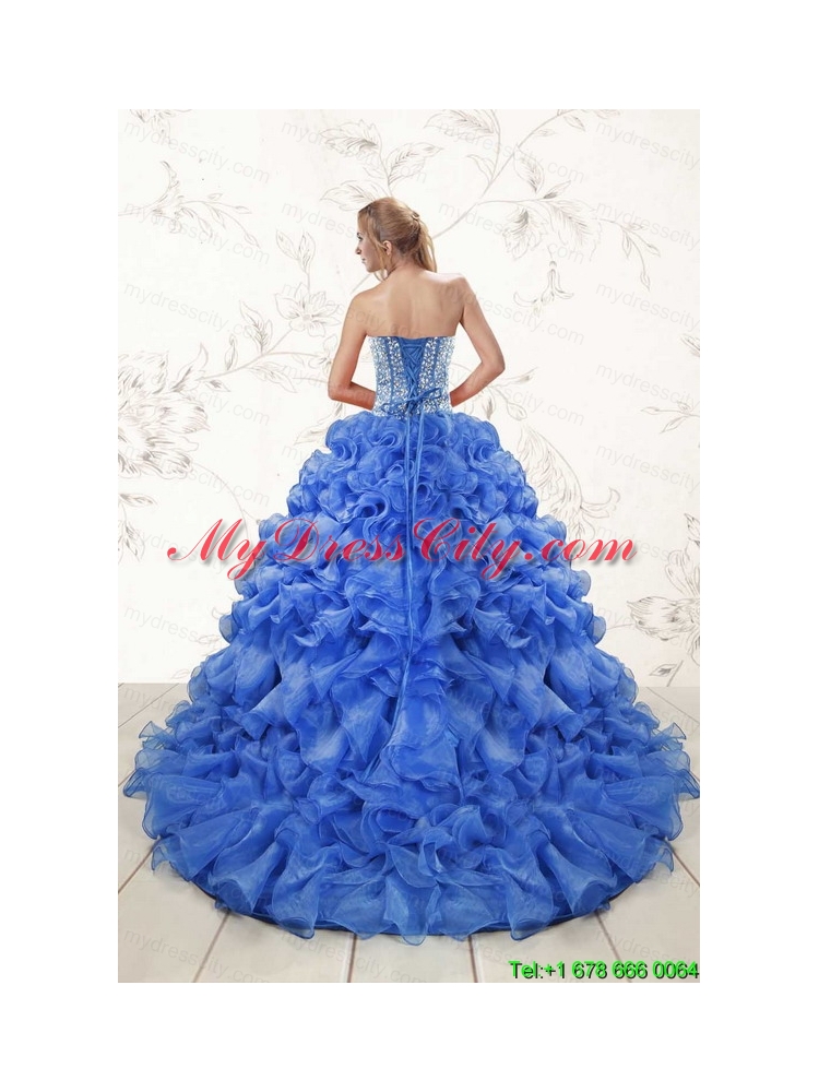 Hot Sale Beaded Royal Blue Sweet 15 Dresses with Sweep Train