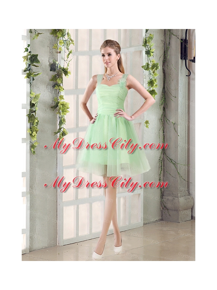 Ruching Organza A Line Straps Bridesmaid Dress with Lace Up