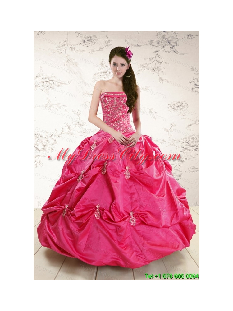 Strapless Hot Pink Quinceanera Dress with Appliques for 2015