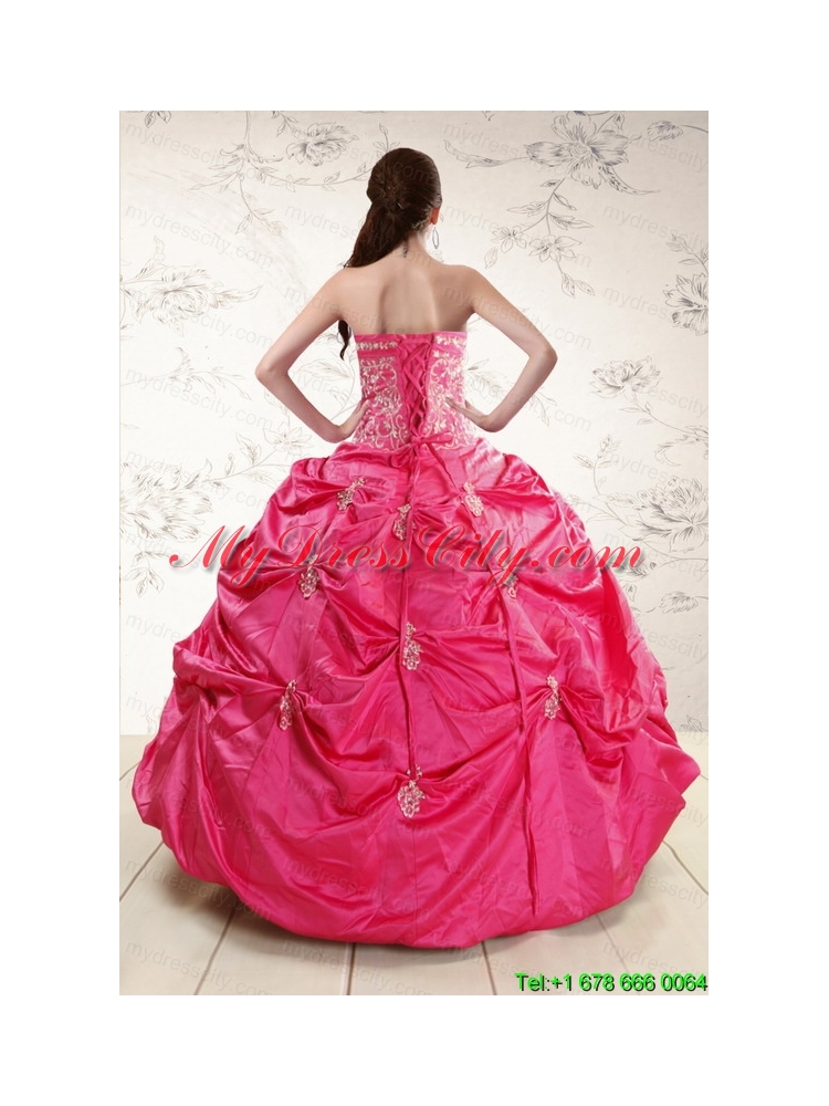 Strapless Hot Pink Quinceanera Dress with Appliques for 2015