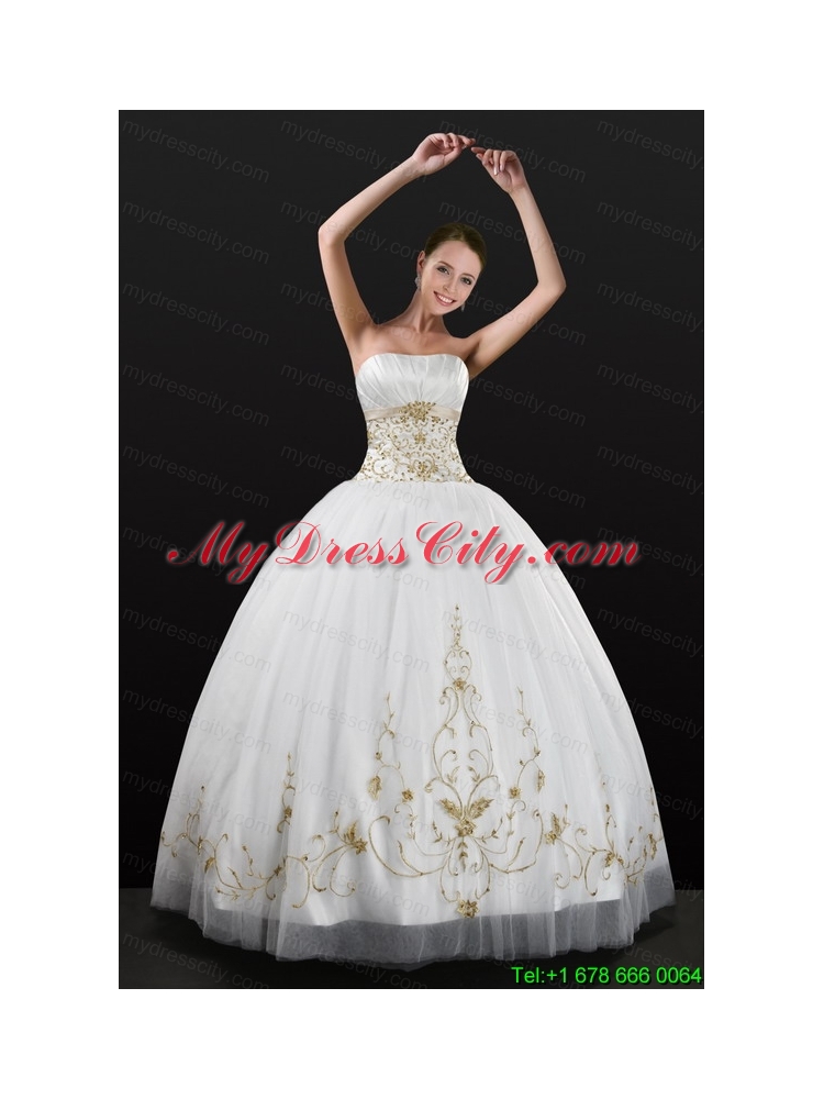 White Strapless 2015 Quinceanera Dress with Beading and Embroidery