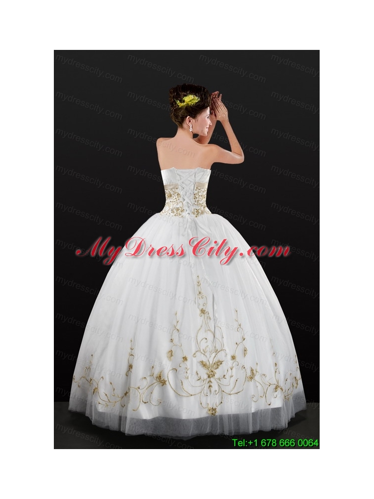 White Strapless 2015 Quinceanera Dress with Beading and Embroidery